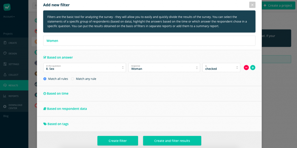 filtering results in online survey at Startquestion